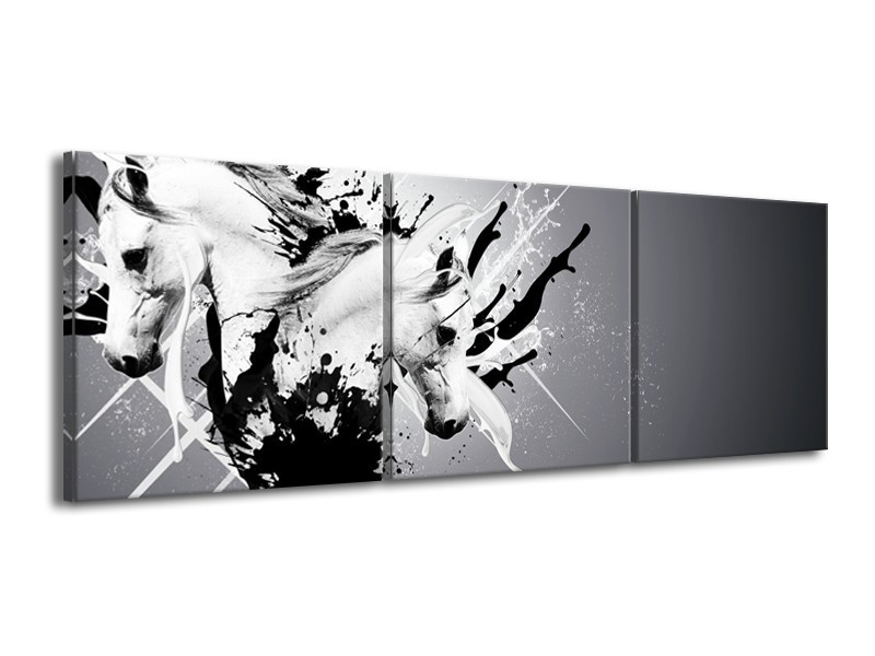 Glasschilderij Design, Paard | Zwart, Wit, Grijs | 150x50cm 3Luik