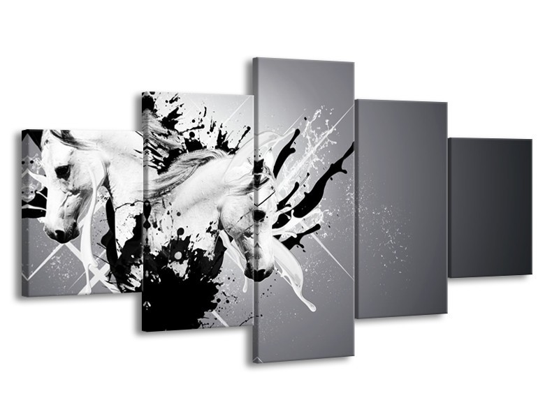 Glasschilderij Design, Paard | Zwart, Wit, Grijs | 150x80cm 5Luik