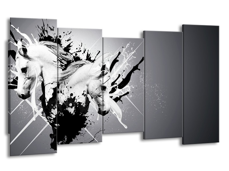 Canvas Schilderij Design, Paard | Zwart, Wit, Grijs | 150x80cm 5Luik