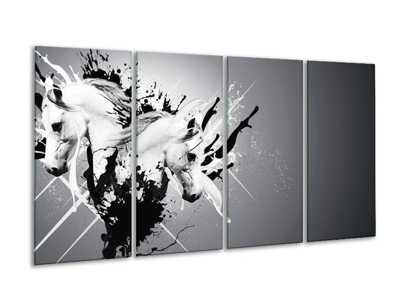 Glasschilderij Design, Paard | Zwart, Wit, Grijs | 160x80cm 4Luik
