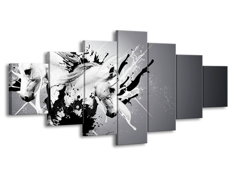 Glasschilderij Design, Paard | Zwart, Wit, Grijs | 210x100cm 7Luik