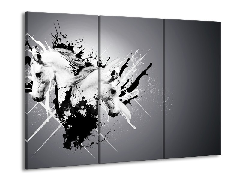 Canvas Schilderij Design, Paard | Zwart, Wit, Grijs | 60x90cm 3Luik