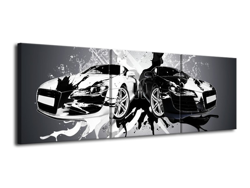 Glasschilderij Audi, Auto | Zwart, Wit, Grijs | 120x40cm 3Luik