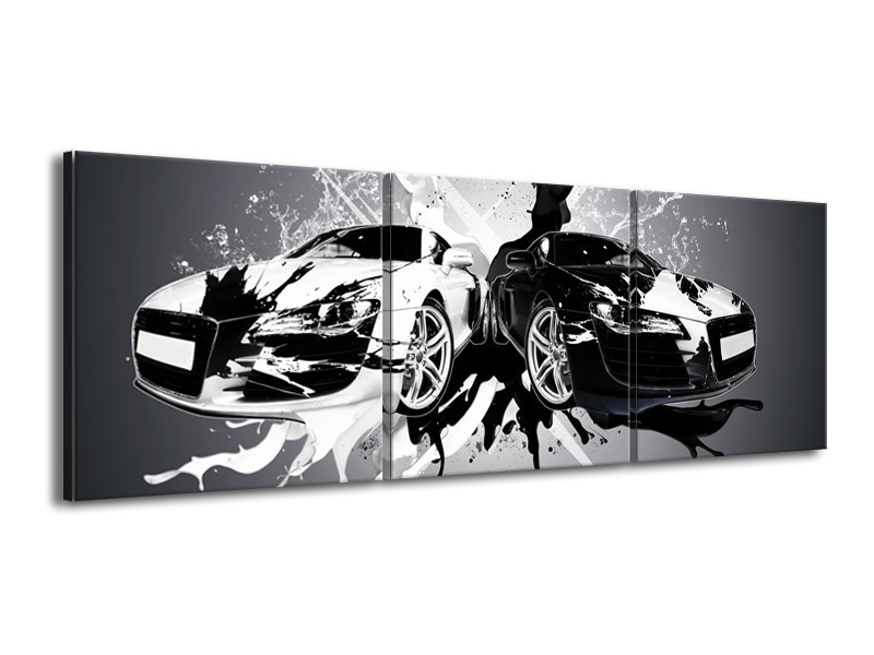 Canvas Schilderij Audi, Auto | Zwart, Wit, Grijs | 150x50cm 3Luik