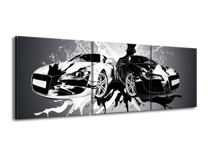 Glasschilderij Audi, Auto | Zwart, Wit, Grijs | 150x50cm 3Luik