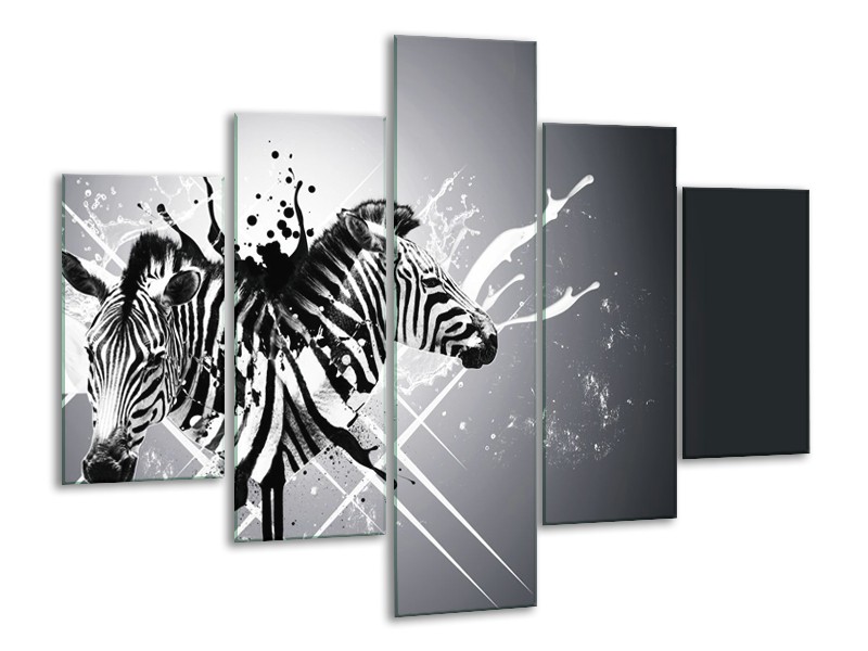 Glasschilderij Modern, Zebra | Zwart, Wit, Grijs | 100x70cm 5Luik