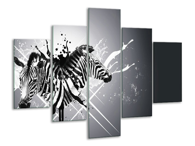 Canvas Schilderij Modern, Zebra | Zwart, Wit, Grijs | 100x70cm 5Luik