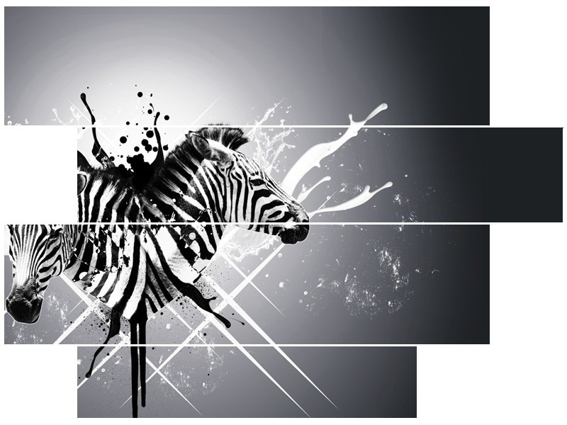 Canvas Schilderij Modern, Zebra | Zwart, Wit, Grijs | 115x85cm 4Luik