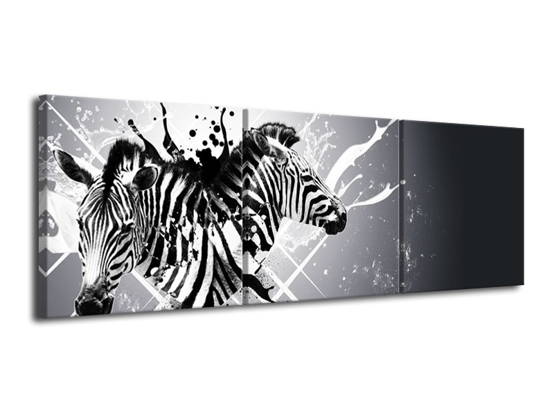Canvas Schilderij Modern, Zebra | Zwart, Wit, Grijs | 120x40cm 3Luik