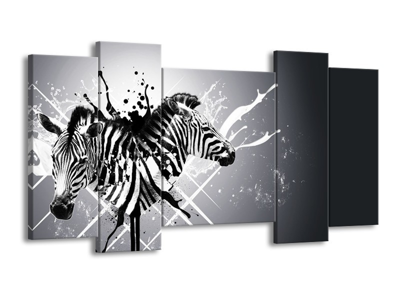 Canvas Schilderij Modern, Zebra | Zwart, Wit, Grijs | 120x65cm 5Luik