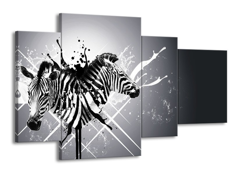 Canvas Schilderij Modern, Zebra | Zwart, Wit, Grijs | 120x75cm 4Luik