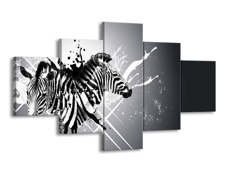 Glasschilderij Modern, Zebra | Zwart, Wit, Grijs | 125x70cm 5Luik