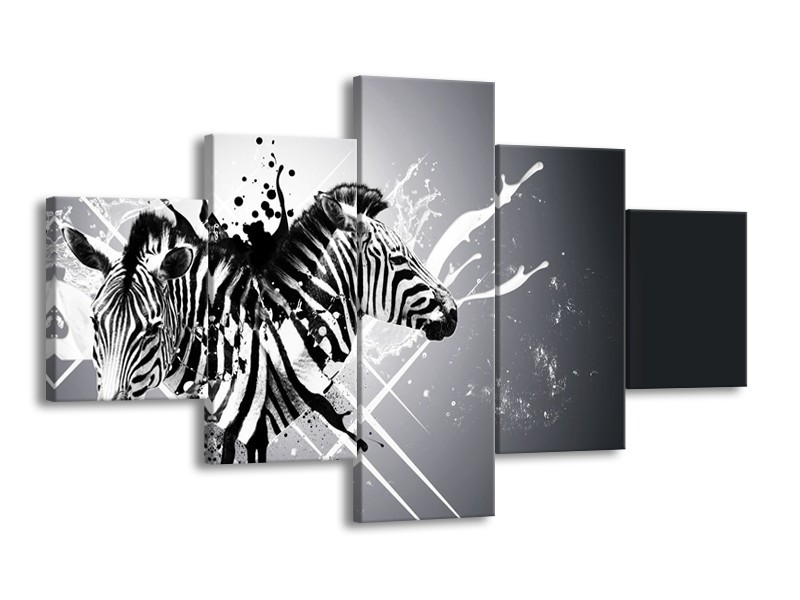 Canvas Schilderij Modern, Zebra | Zwart, Wit, Grijs | 125x70cm 5Luik