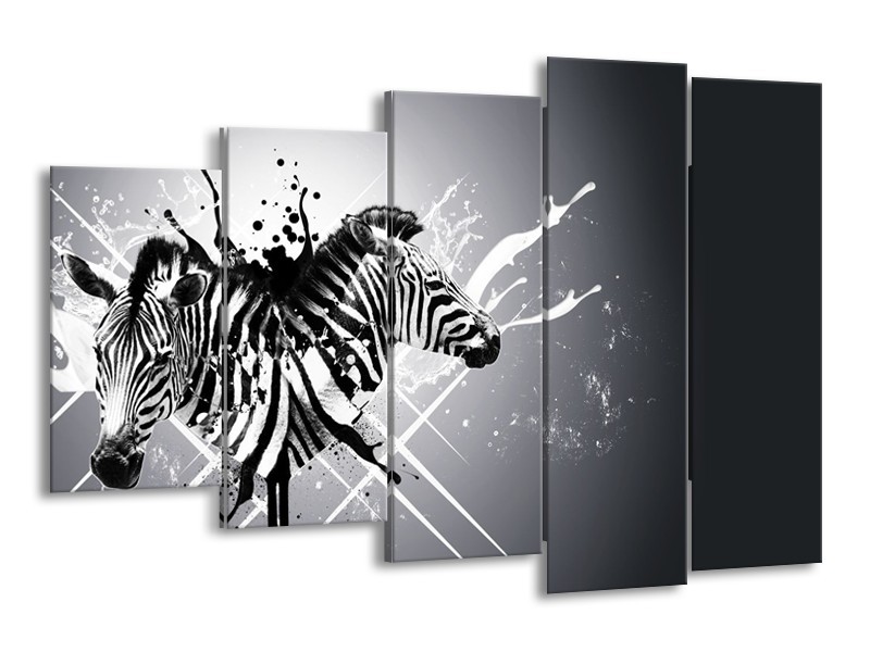 Canvas Schilderij Modern, Zebra | Zwart, Wit, Grijs | 150x100cm 5Luik