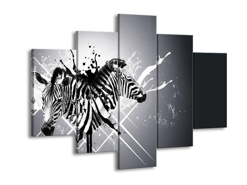 Canvas Schilderij Modern, Zebra | Zwart, Wit, Grijs | 150x105cm 5Luik