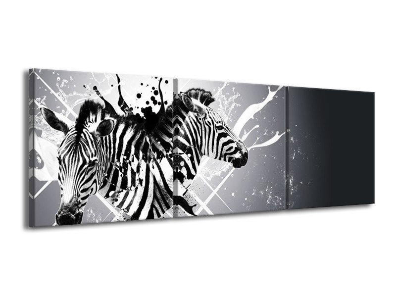 Glasschilderij Modern, Zebra | Zwart, Wit, Grijs | 150x50cm 3Luik