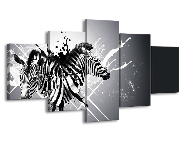 Canvas Schilderij Modern, Zebra | Zwart, Wit, Grijs | 150x80cm 5Luik