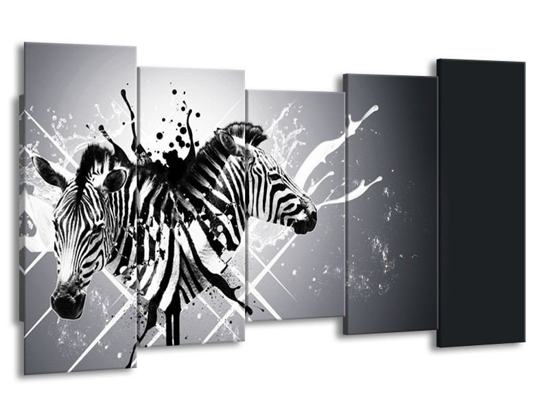 Canvas Schilderij Modern, Zebra | Zwart, Wit, Grijs | 150x80cm 5Luik