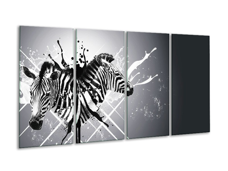Glasschilderij Modern, Zebra | Zwart, Wit, Grijs | 160x80cm 4Luik
