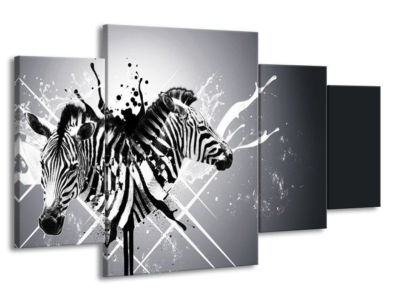 Glasschilderij Modern, Zebra | Zwart, Wit, Grijs | 160x90cm 4Luik