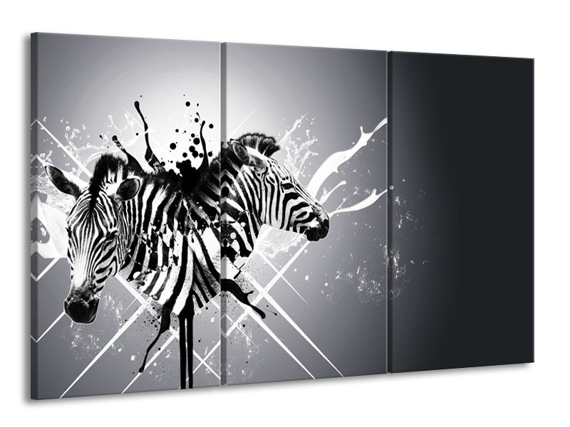 Canvas Schilderij Modern, Zebra | Zwart, Wit, Grijs | 165x100cm 3Luik