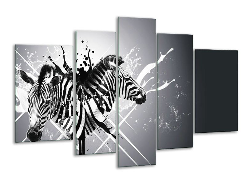 Glasschilderij Modern, Zebra | Zwart, Wit, Grijs | 170x100cm 5Luik