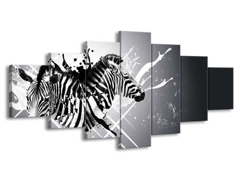 Canvas Schilderij Modern, Zebra | Zwart, Wit, Grijs | 210x100cm 7Luik
