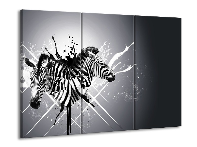 Canvas Schilderij Modern, Zebra | Zwart, Wit, Grijs | 60x90cm 3Luik