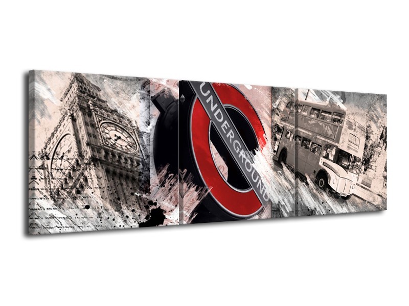 Glasschilderij Underground, Engeland | Grijs, Rood | 120x40cm 3Luik