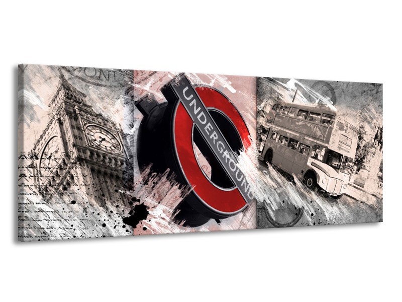 Canvas Schilderij Underground, Engeland | Grijs, Rood | 145x58cm 1Luik