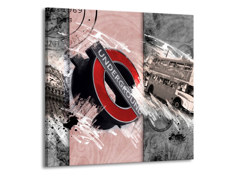 Canvas Schilderij Underground, Engeland | Grijs, Rood | 70x70cm 1Luik