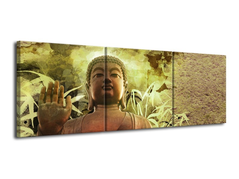 Canvas Schilderij Boeddha, Beeld | Bruin, Groen | 120x40cm 3Luik