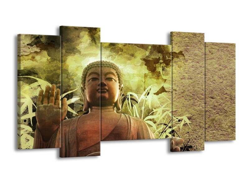 Canvas Schilderij Boeddha, Beeld | Bruin, Groen | 120x65cm 5Luik