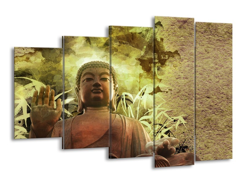 Canvas Schilderij Boeddha, Beeld | Bruin, Groen | 150x100cm 5Luik