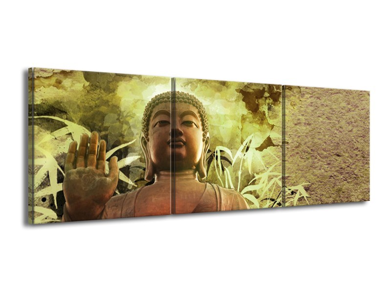 Canvas Schilderij Boeddha, Beeld | Bruin, Groen | 150x50cm 3Luik