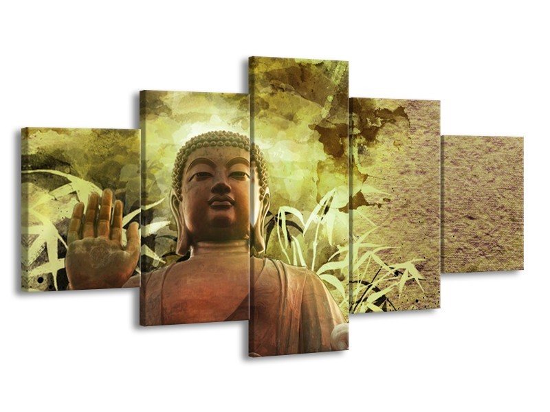 Canvas Schilderij Boeddha, Beeld | Bruin, Groen | 150x80cm 5Luik