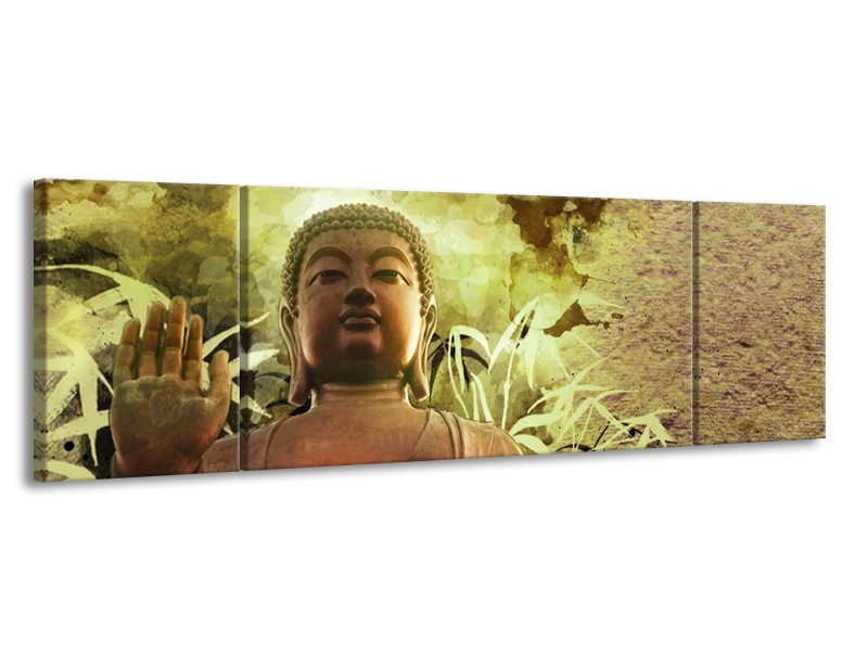 Canvas Schilderij Boeddha, Beeld | Bruin, Groen | 170x50cm 3Luik