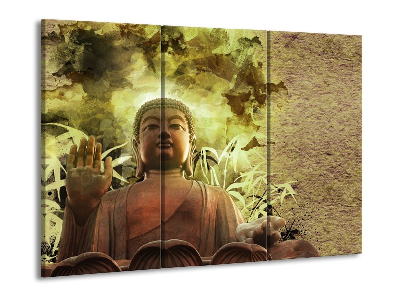 Canvas Schilderij Boeddha, Beeld | Bruin, Groen | 60x90cm 3Luik