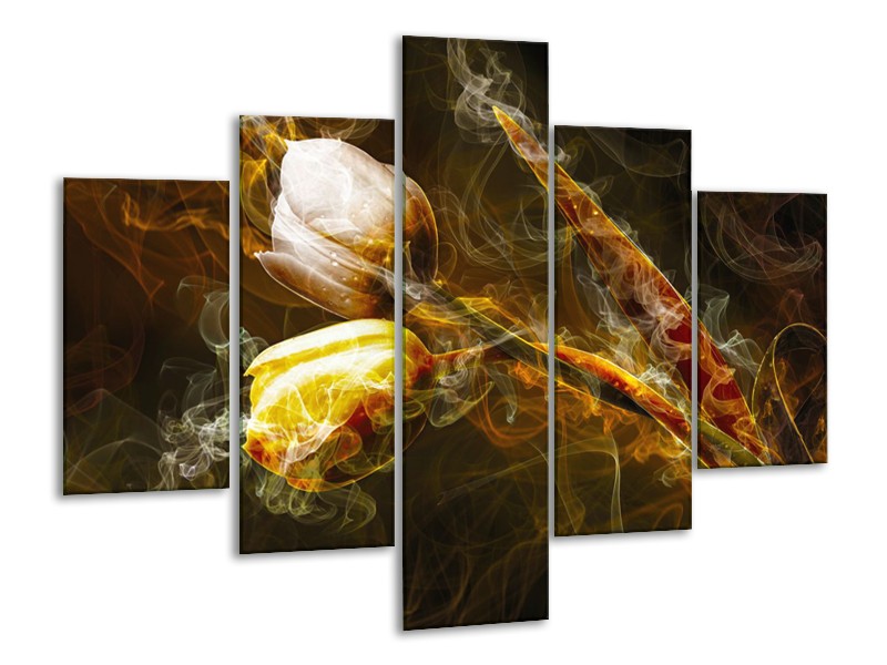 Canvas Schilderij Tulpen, Bloemen | Bruin, Goud, Geel | 100x70cm 5Luik