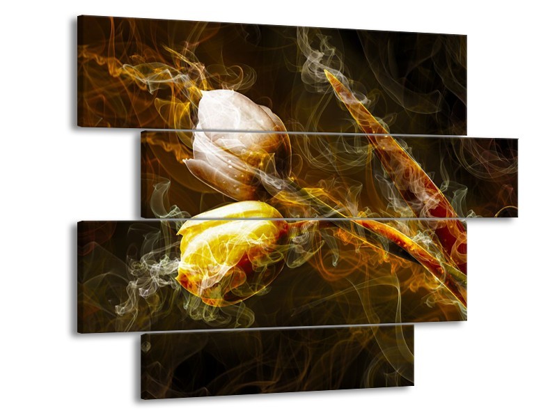 Canvas Schilderij Tulpen, Bloemen | Bruin, Goud, Geel | 115x85cm 4Luik