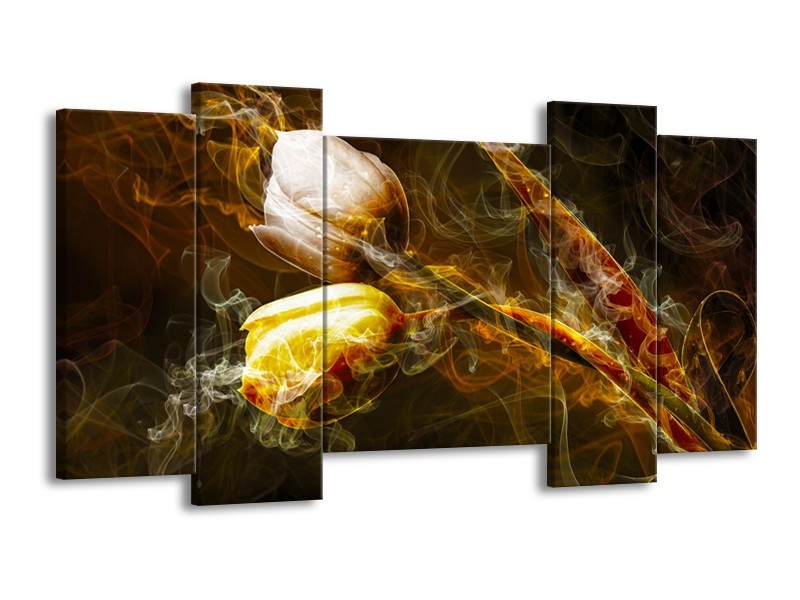Glasschilderij Tulpen, Bloemen | Bruin, Goud, Geel | 120x65cm 5Luik
