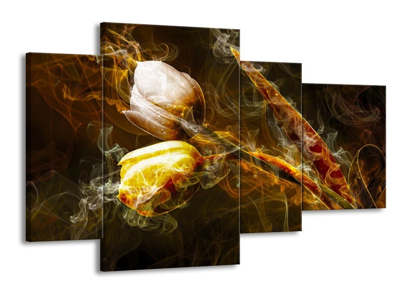 Glasschilderij Tulpen, Bloemen | Bruin, Goud, Geel | 120x75cm 4Luik