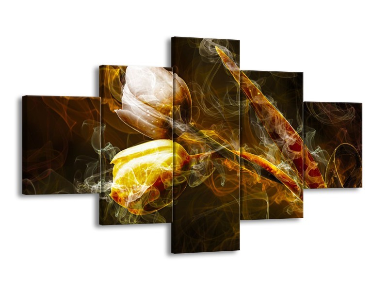 Canvas Schilderij Tulpen, Bloemen | Bruin, Goud, Geel | 125x70cm 5Luik
