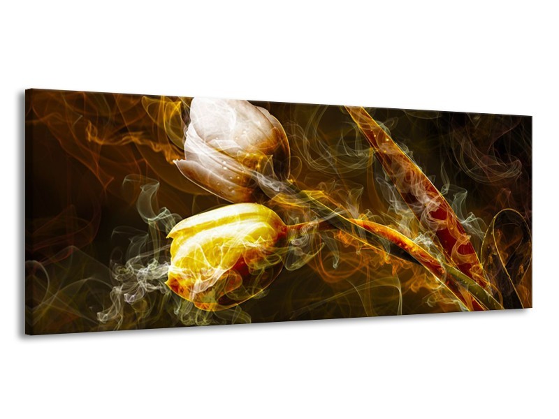 Glasschilderij Tulpen, Bloemen | Bruin, Goud, Geel | 145x58cm 1Luik