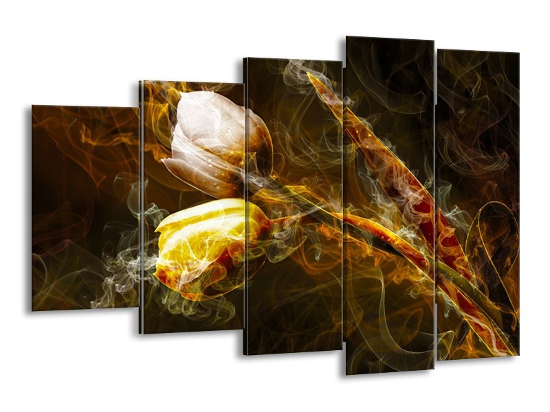 Canvas Schilderij Tulpen, Bloemen | Bruin, Goud, Geel | 150x100cm 5Luik