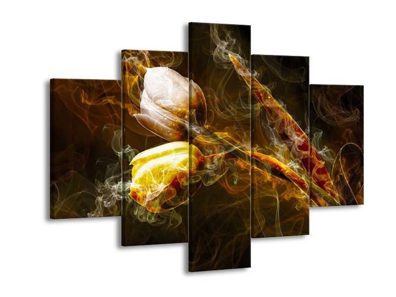 Canvas Schilderij Tulpen, Bloemen | Bruin, Goud, Geel | 150x105cm 5Luik