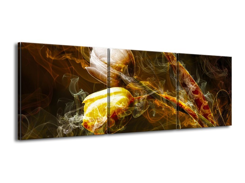 Glasschilderij Tulpen, Bloemen | Bruin, Goud, Geel | 150x50cm 3Luik