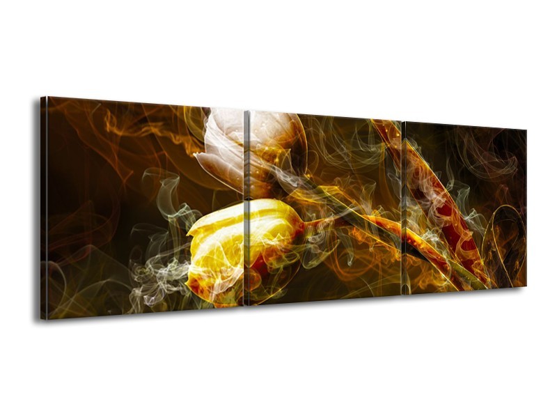 Canvas Schilderij Tulpen, Bloemen | Bruin, Goud, Geel | 150x50cm 3Luik