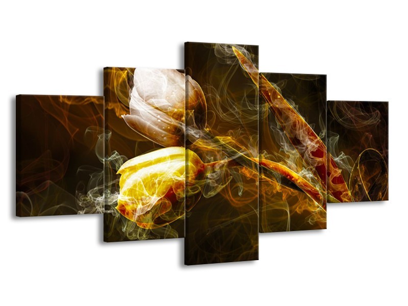 Canvas Schilderij Tulpen, Bloemen | Bruin, Goud, Geel | 150x80cm 5Luik