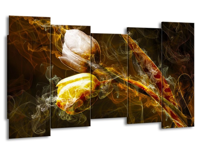 Glasschilderij Tulpen, Bloemen | Bruin, Goud, Geel | 150x80cm 5Luik